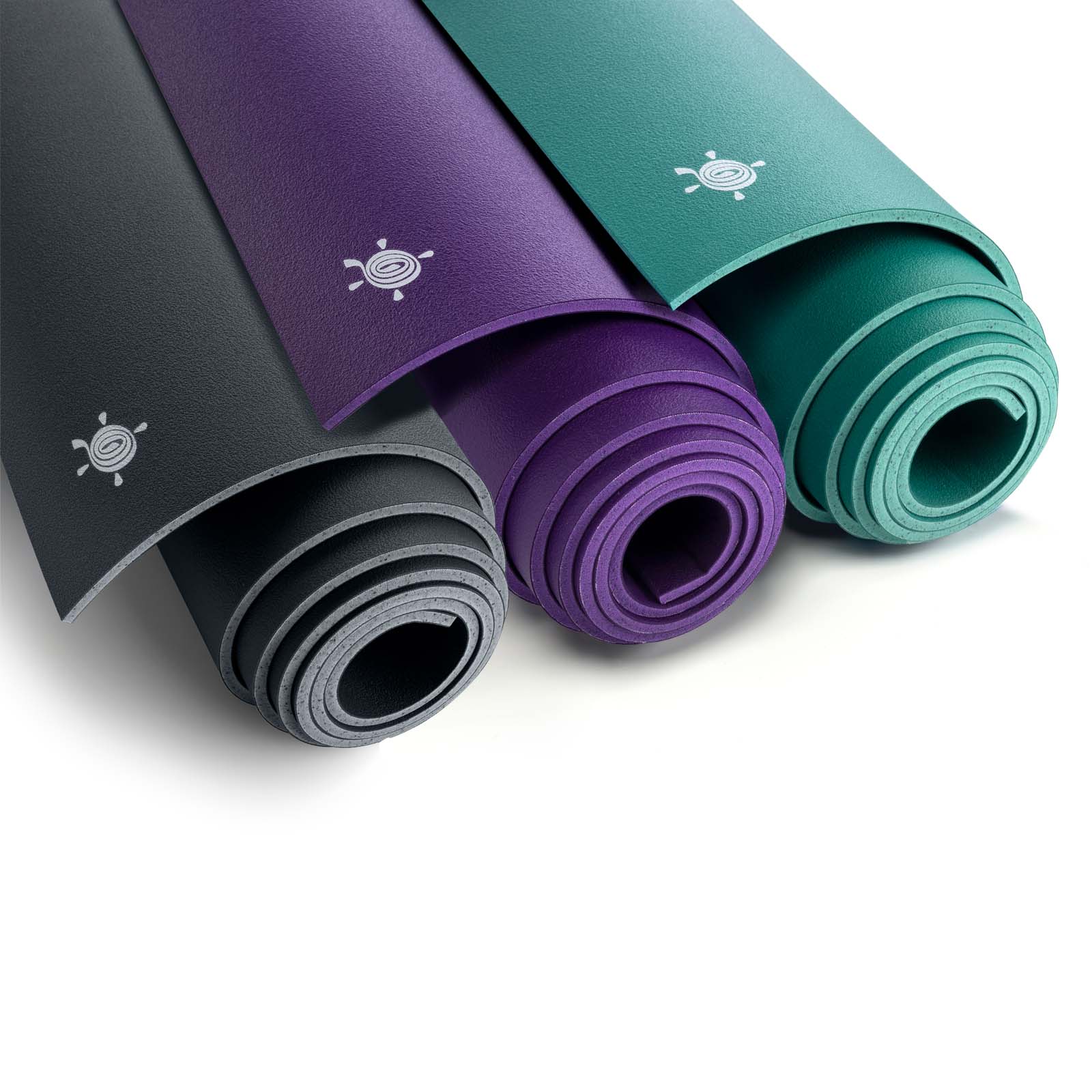 kurma yoga mats geco series group shot, with colors anthracite, bloom and lagoon