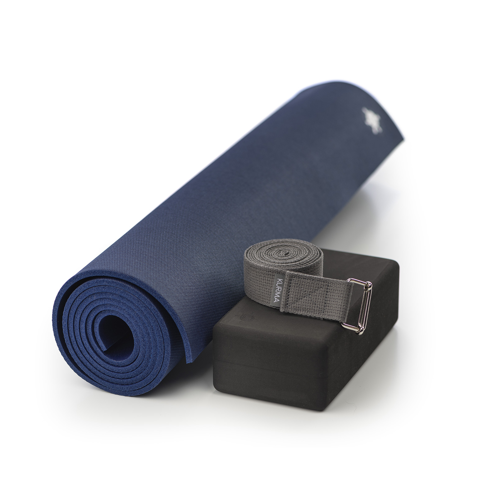 kurma_yoga_core_mat_strap_nightfall_combo_LR kurma yoga core mat nightfall with evolve anthracite strap and foam brick black